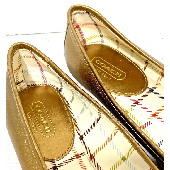 Coach Leona Ballet Flats Golden Metallic Leather Slip On Shoes Horse Bit US 6.5B
